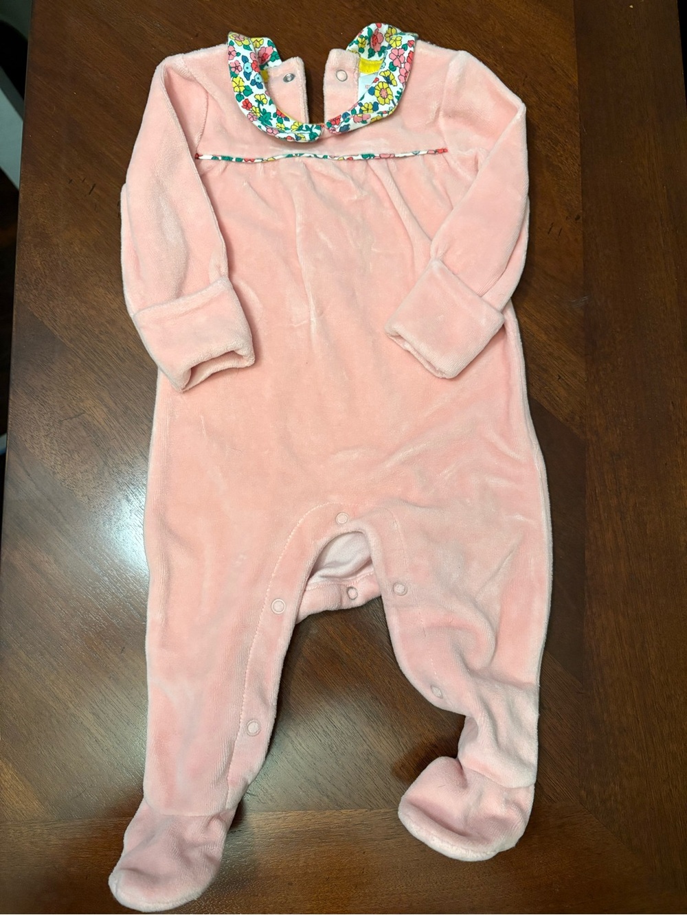 Baby Boden Pink Plush Footed One-Piece with Floral Trim Collar